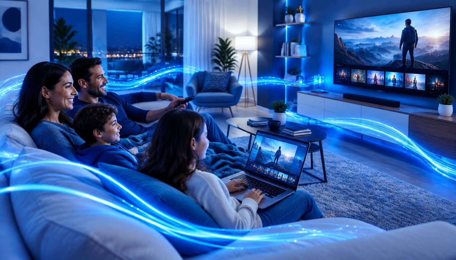 Família assistindo TV e usando notebook com internet de alta velocidade